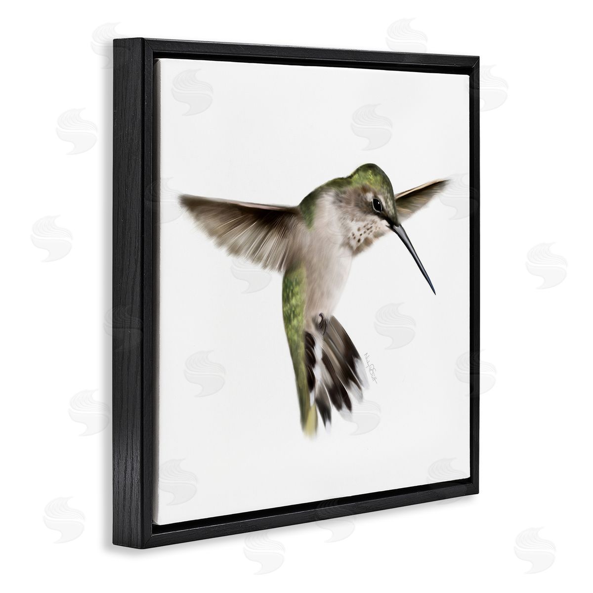 Studio Q Green Hummingbird Hovering Wings Flying Bird Beak Black Floating Frame Canvas Wall Art Print