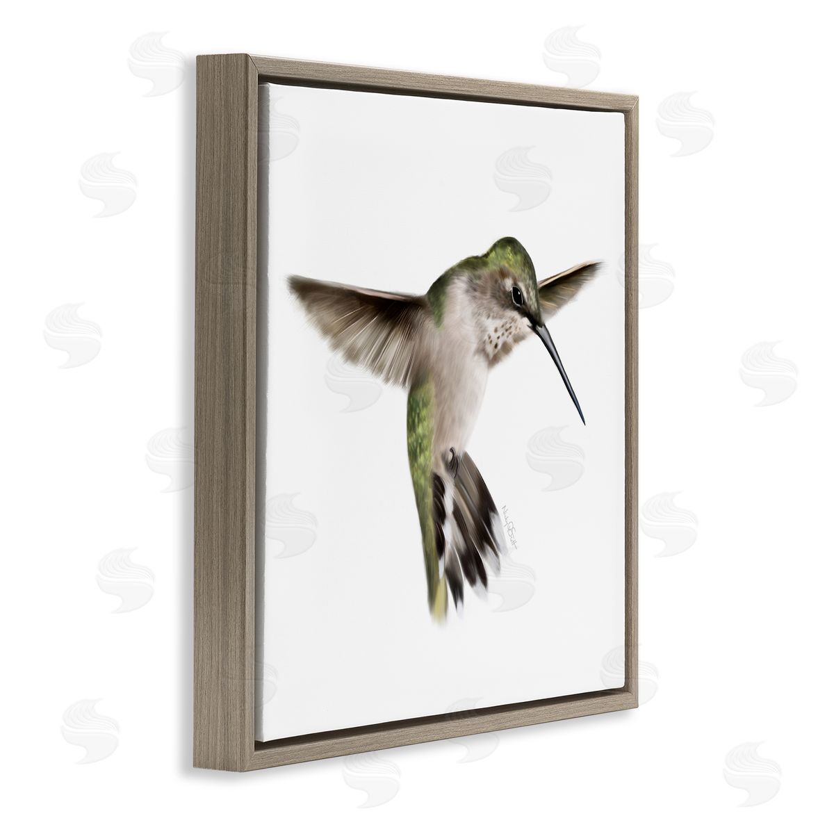 Studio Q Green Hummingbird Hovering Wings Flying Bird Beak Brown Floating Frame Canvas Wall Art Print