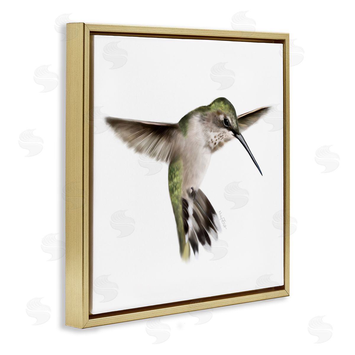 Studio Q Green Hummingbird Hovering Wings Flying Bird Beak Gold Floating Frame Canvas Wall Art Print