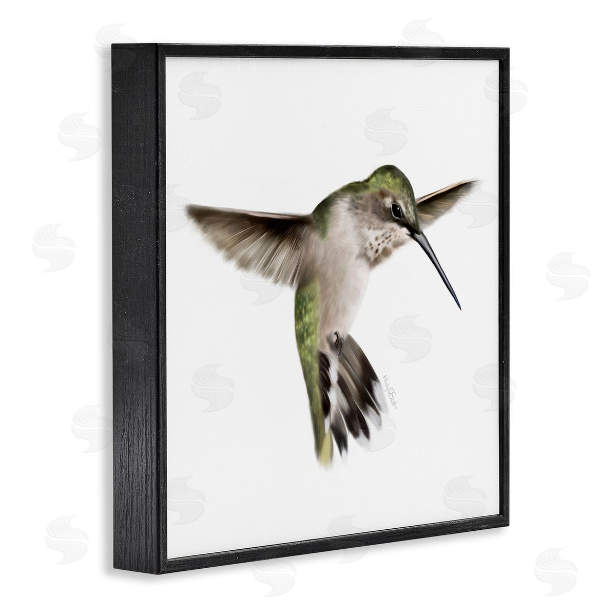 Studio Q Green Hummingbird Hovering Wings Flying Bird Beak Black Framed Glicee Wall Art Print