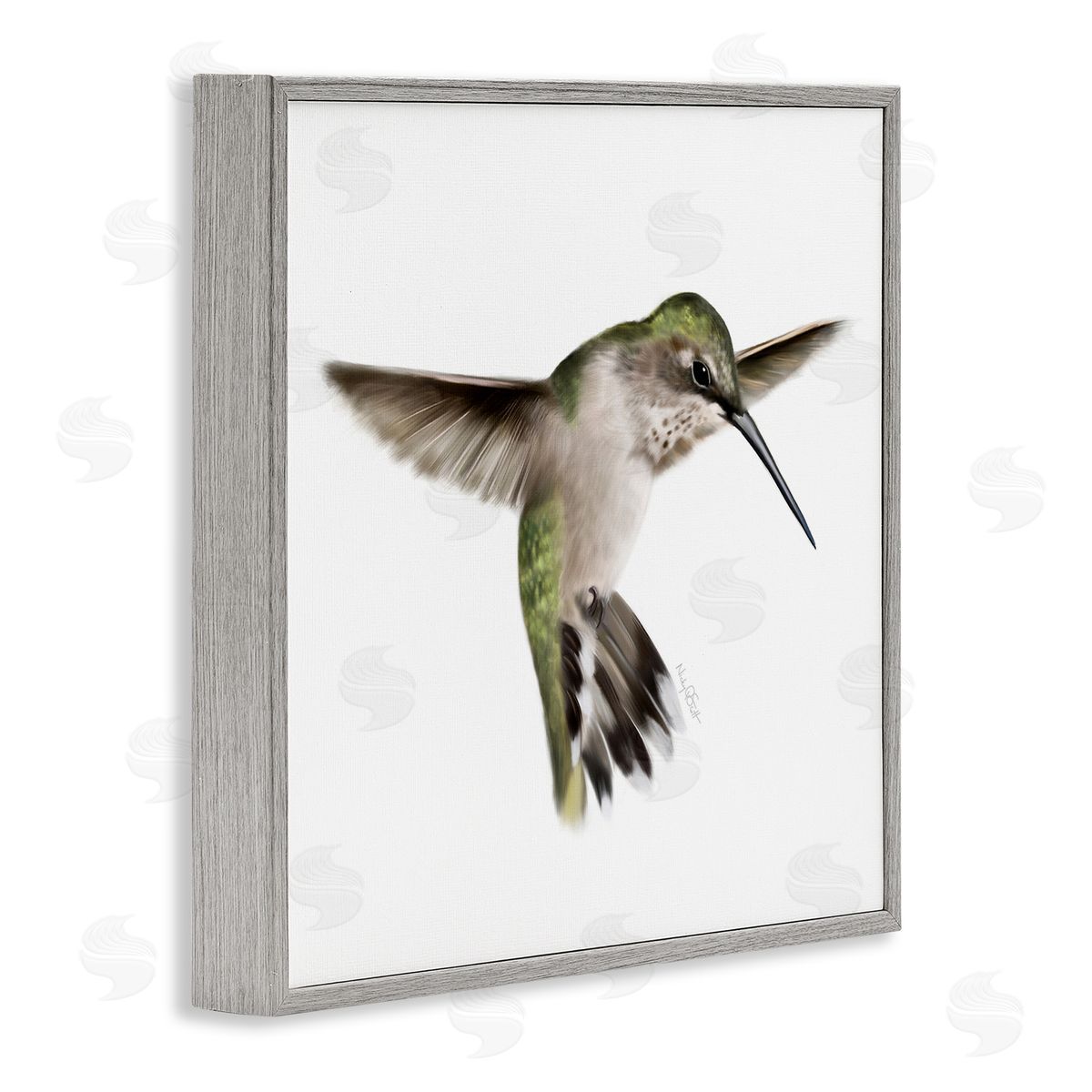 Studio Q Green Hummingbird Hovering Wings Flying Bird Beak Gray Framed Glicee Wall Art Print
