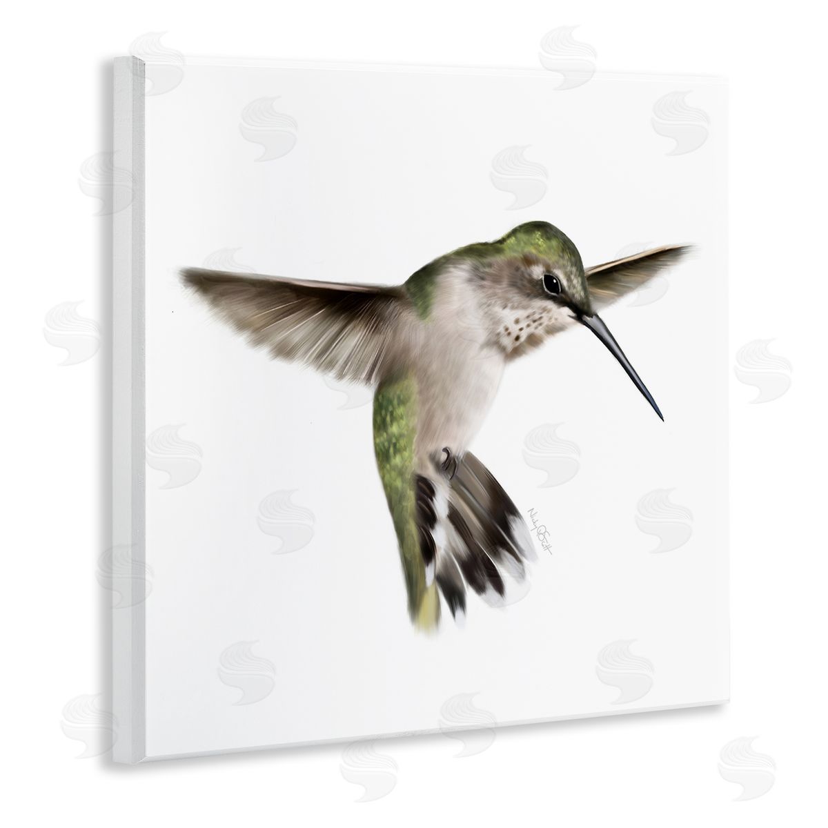 Studio Q Green Hummingbird Hovering Wings Flying Bird Beak Wooden Wall Plaque Art Print