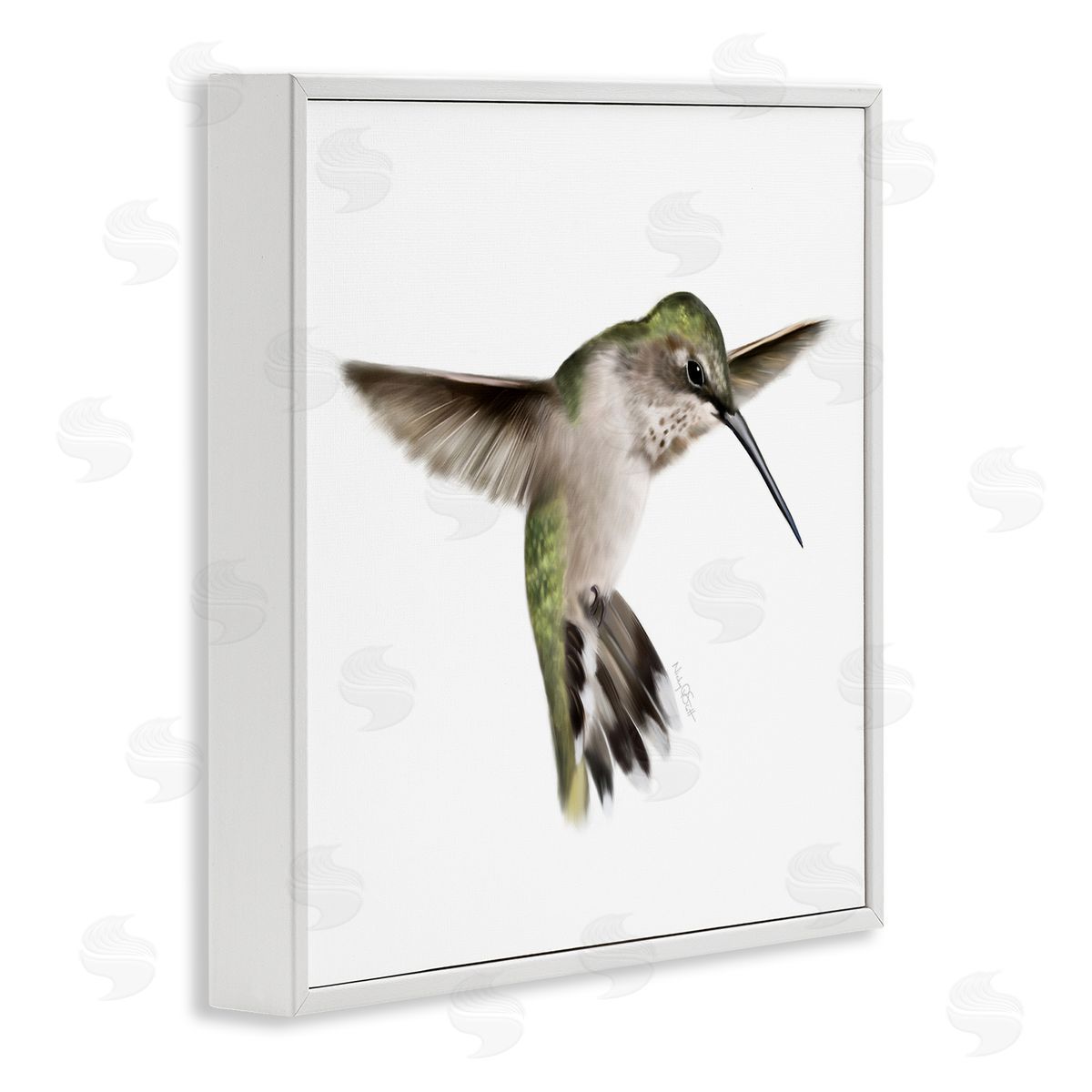 Studio Q Green Hummingbird Hovering Wings Flying Bird Beak White Framed Glicee Wall Art Print