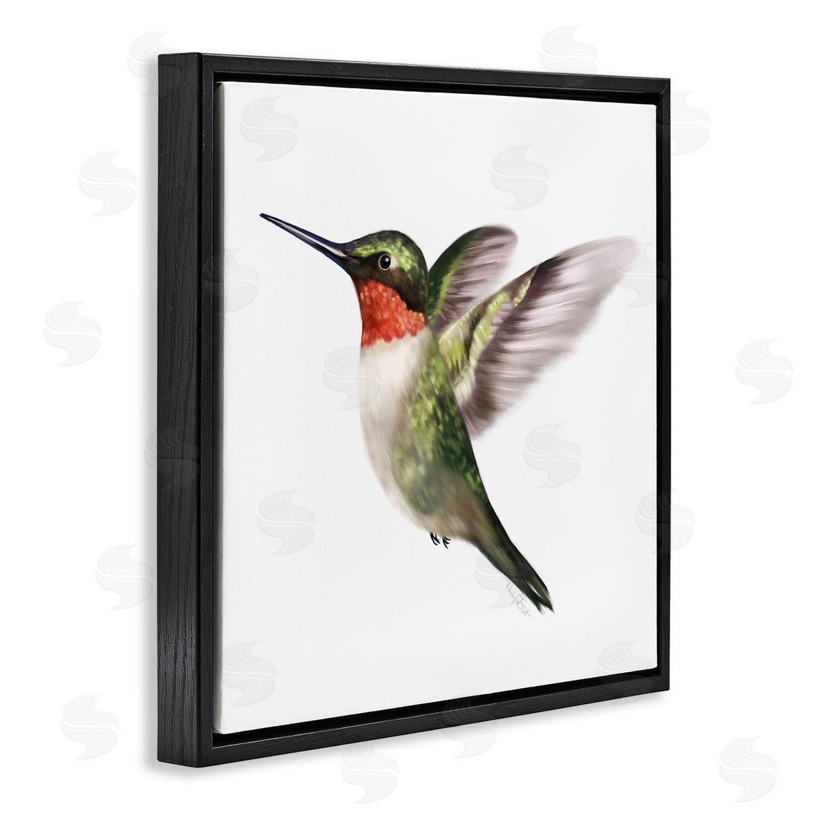 Studio Q Flying Hummingbird Wings Hovering Casual Painting Black Floating Frame Canvas Wall Art Print