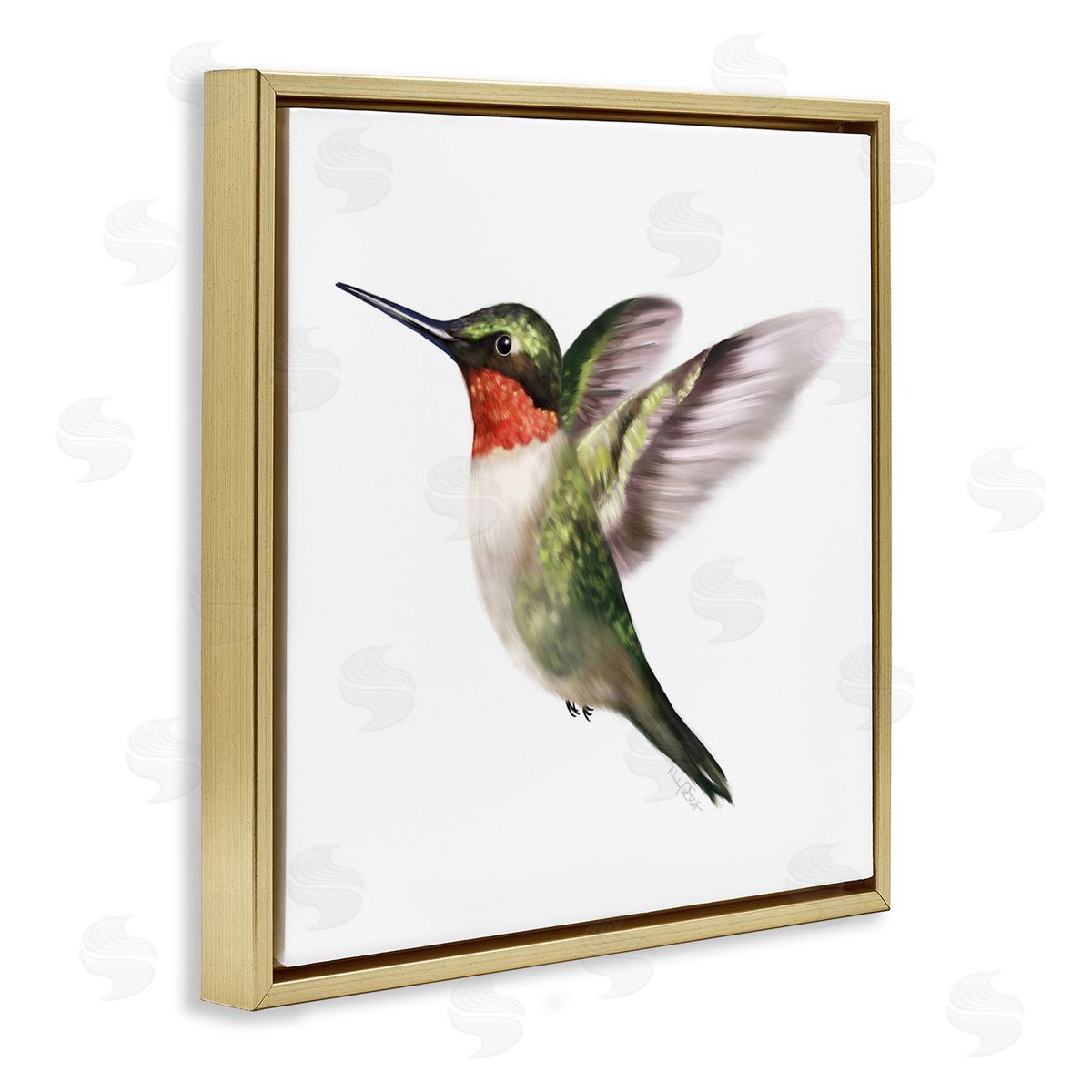 Studio Q Flying Hummingbird Wings Hovering Casual Painting Gold Floating Frame Canvas Wall Art Print
