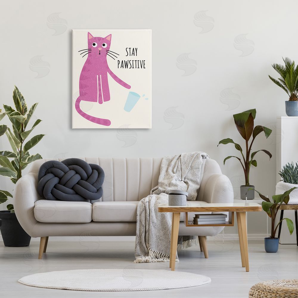 Jennifer Wambach Stay Pawsitive Endearing Pink Cat Knocking Over Glass Canvas Wall Art Print in Room