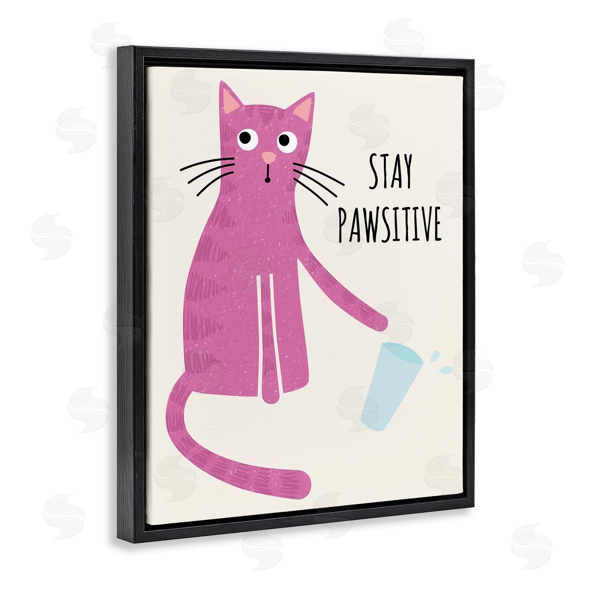 Jennifer Wambach Stay Pawsitive Endearing Pink Cat Knocking Over Glass Black Floating Frame Canvas Wall Art Print