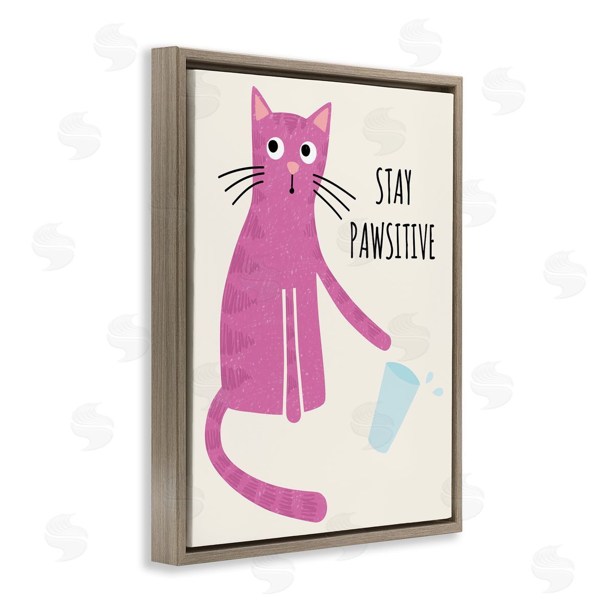 Jennifer Wambach Stay Pawsitive Endearing Pink Cat Knocking Over Glass Brown Floating Frame Canvas Wall Art Print