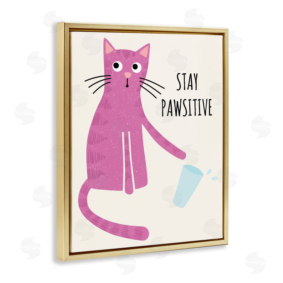 Jennifer Wambach Stay Pawsitive Endearing Pink Cat Knocking Over Glass Gold Floating Frame Canvas Wall Art Print