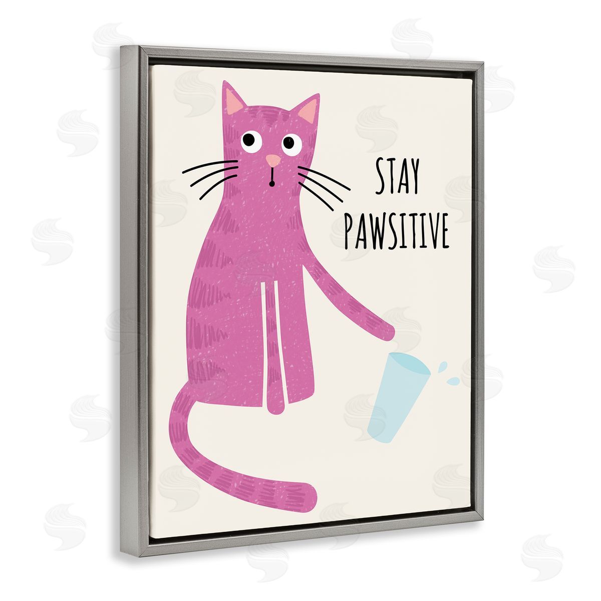 Jennifer Wambach Stay Pawsitive Endearing Pink Cat Knocking Over Glass Gray Floating Frame Canvas Wall Art Print