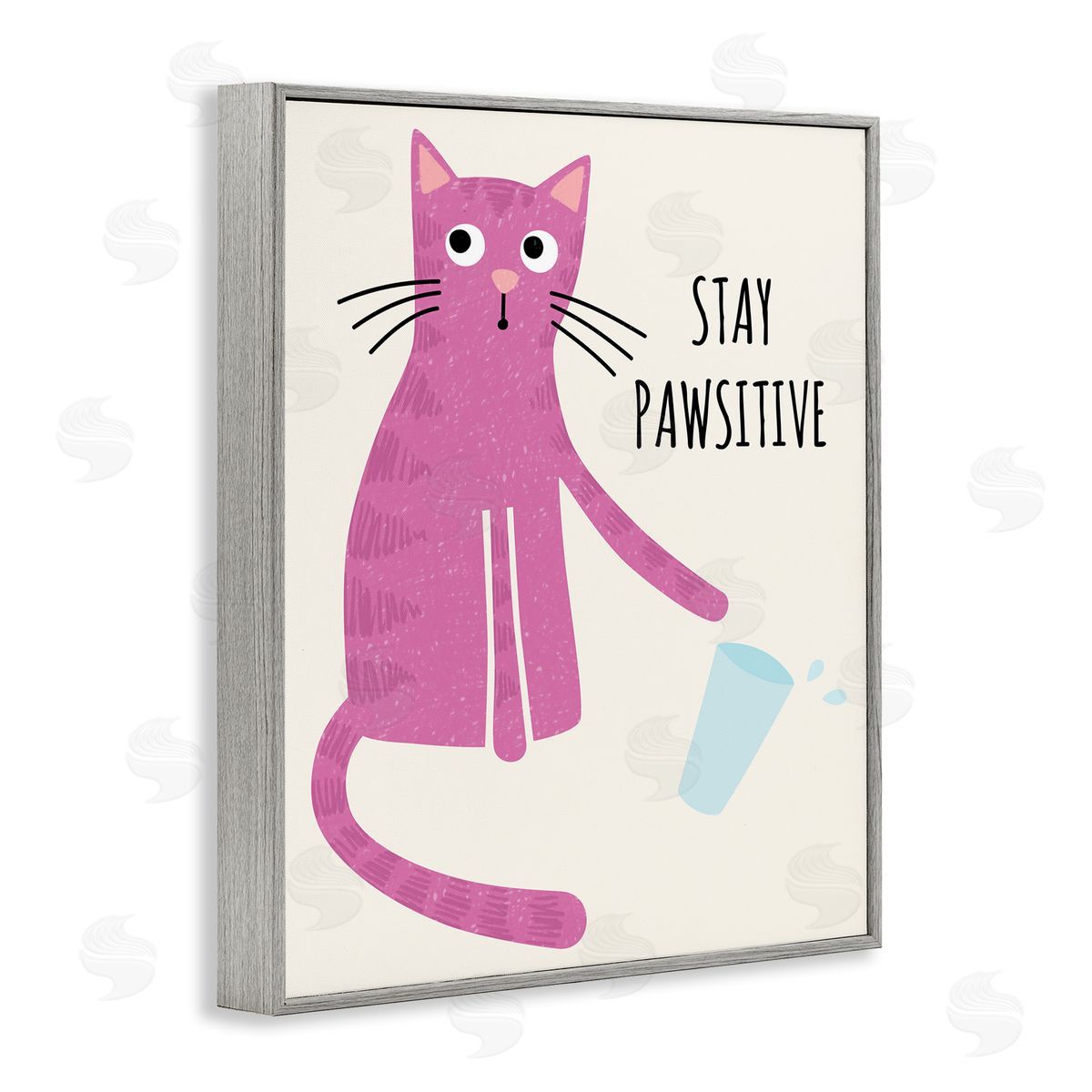 Jennifer Wambach Stay Pawsitive Endearing Pink Cat Knocking Over Glass Gray Framed Giclee Wall Art Print