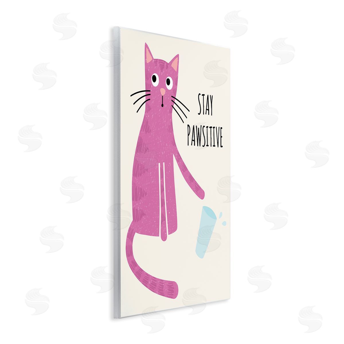 Jennifer Wambach Stay Pawsitive Endearing Pink Cat Knocking Over Glass Wall Plaque Art Print