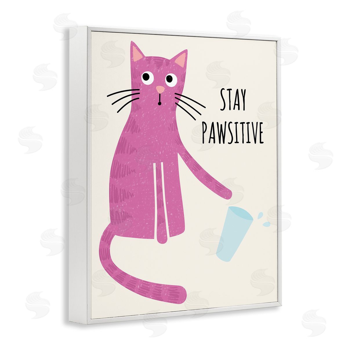 Jennifer Wambach Stay Pawsitive Endearing Pink Cat Knocking Over Glass White Framed Giclee Wall Art Print