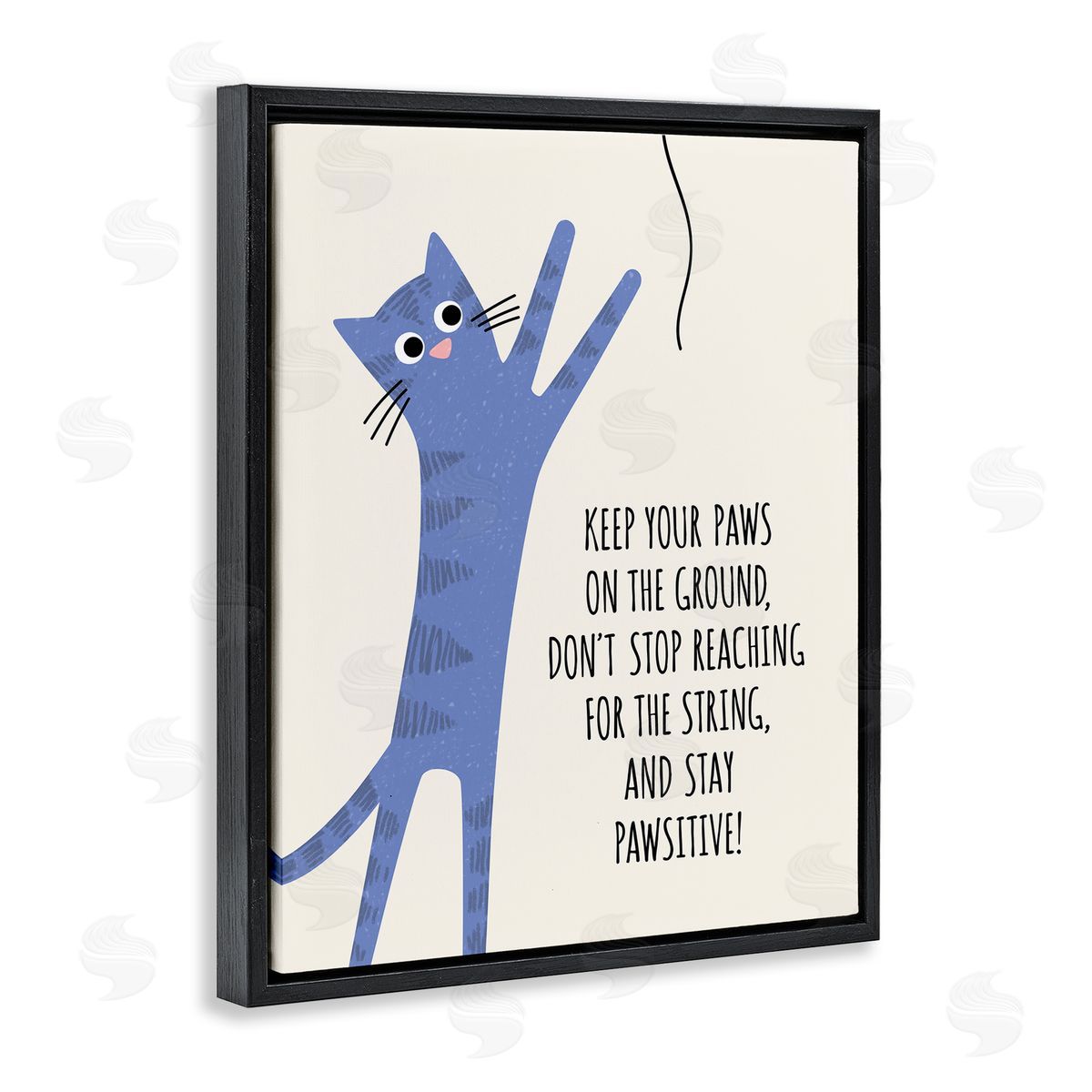Jennifer Wambach Stay Pawsitive Cartoon Cat Playing Positivity Sentiment Black Floating Frame Canvas Wall Art Print