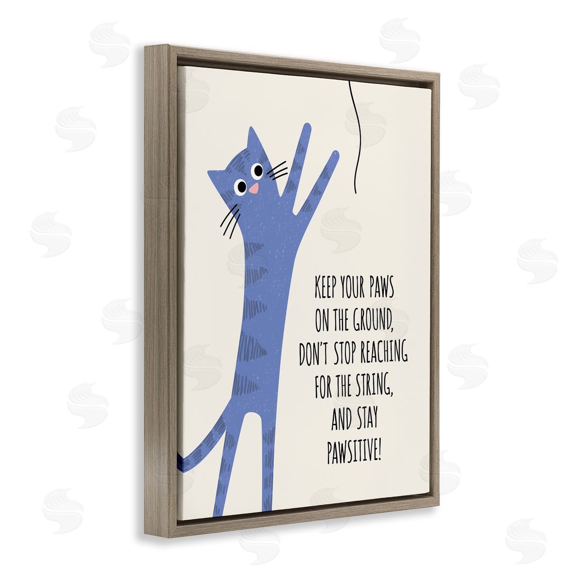 Jennifer Wambach Stay Pawsitive Cartoon Cat Playing Positivity Sentiment Brown Floating Frame Canvas Wall Art Print