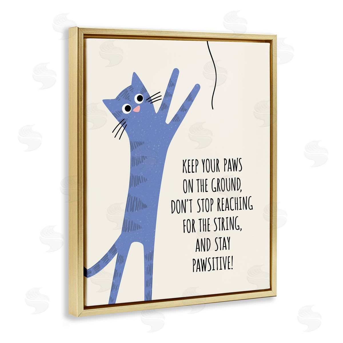Jennifer Wambach Stay Pawsitive Cartoon Cat Playing Positivity Sentiment Gold Floating Frame Canvas Wall Art Print