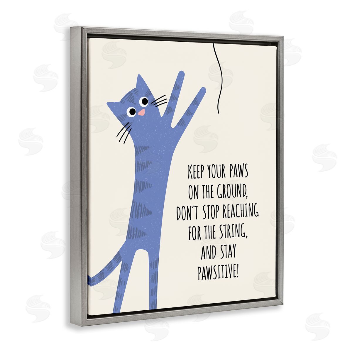 Jennifer Wambach Stay Pawsitive Cartoon Cat Playing Positivity Sentiment Gray Floating Frame Canvas Wall Art Print
