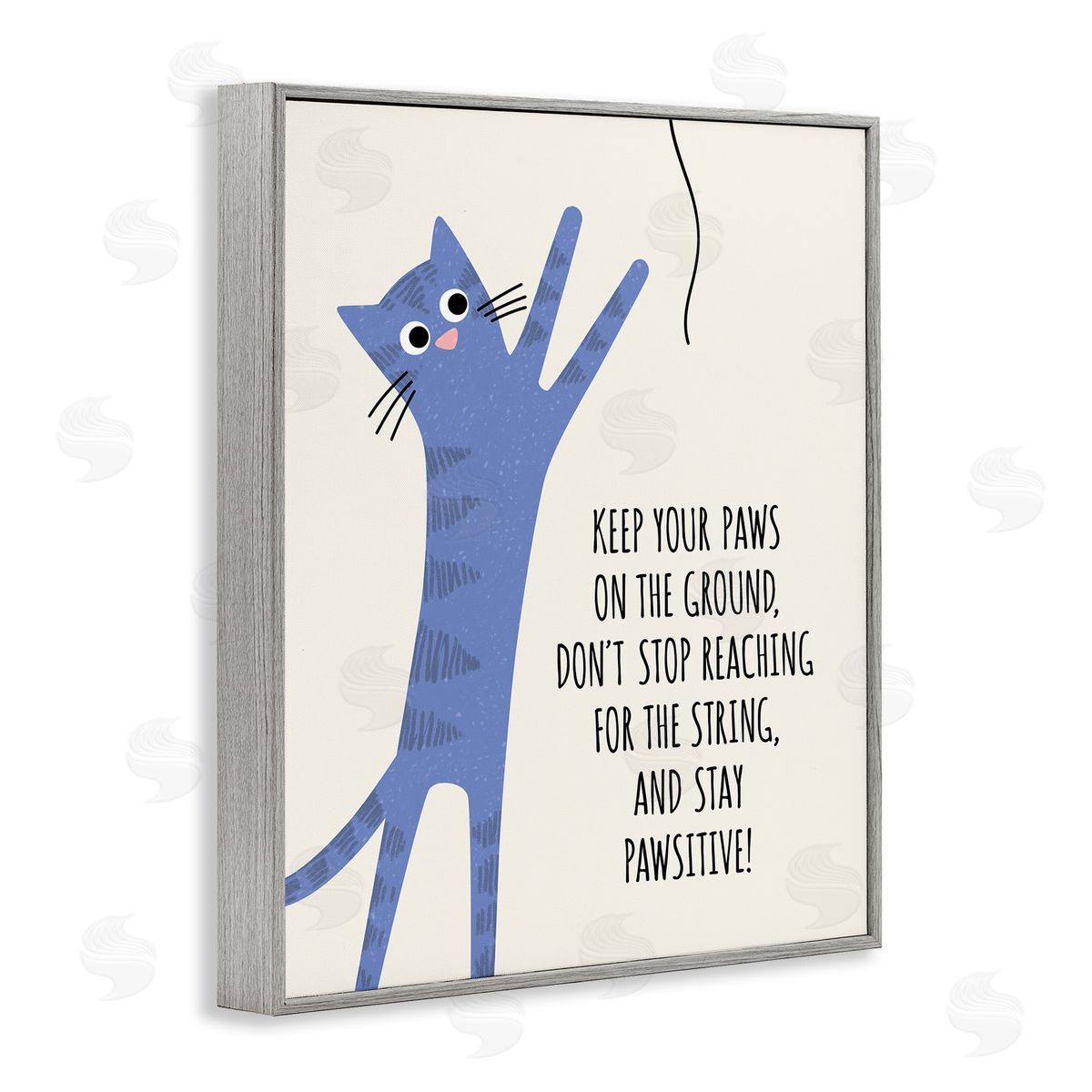 Jennifer Wambach Stay Pawsitive Cartoon Cat Playing Positivity Sentiment Gray Framed Giclee Wall Art Print