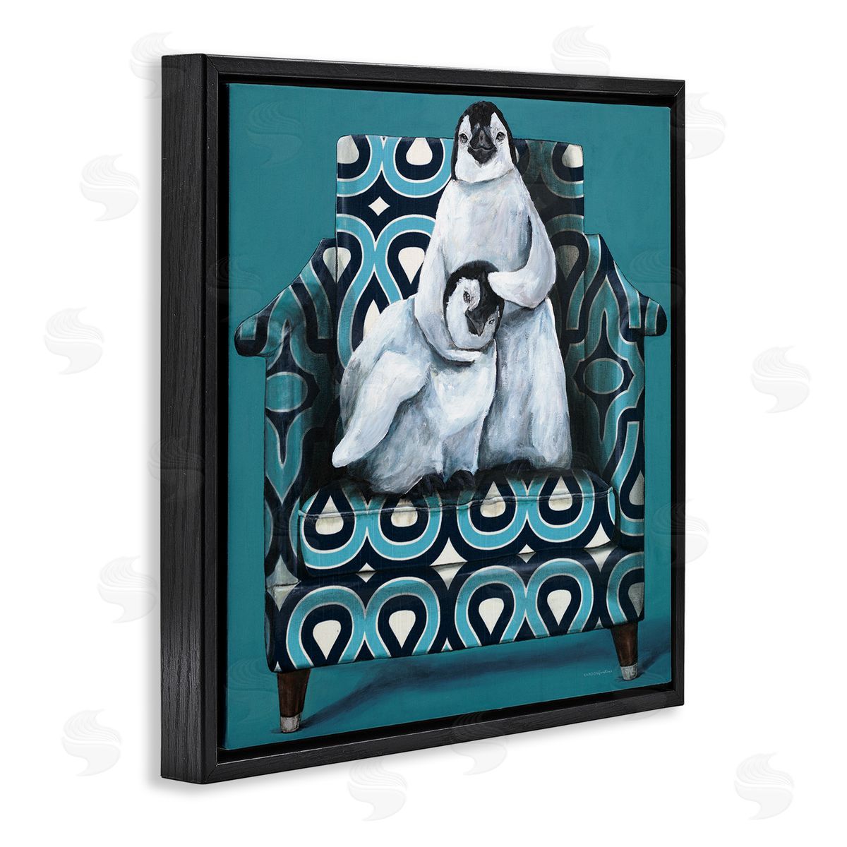 Kamdon Kreations Pair Penguins Relaxing Head Pat Patterned Sofa Chair Black Floating Frame Canvas Wall Art Print