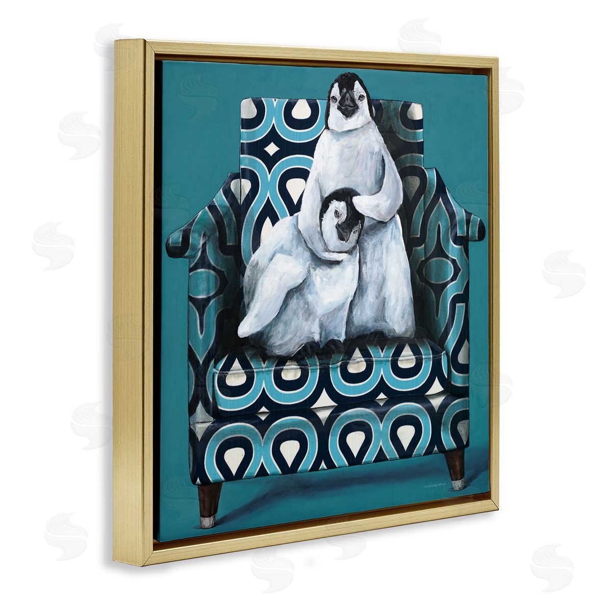 Kamdon Kreations Pair Penguins Relaxing Head Pat Patterned Sofa Chair Gold Floating Frame Canvas Wall Art Print