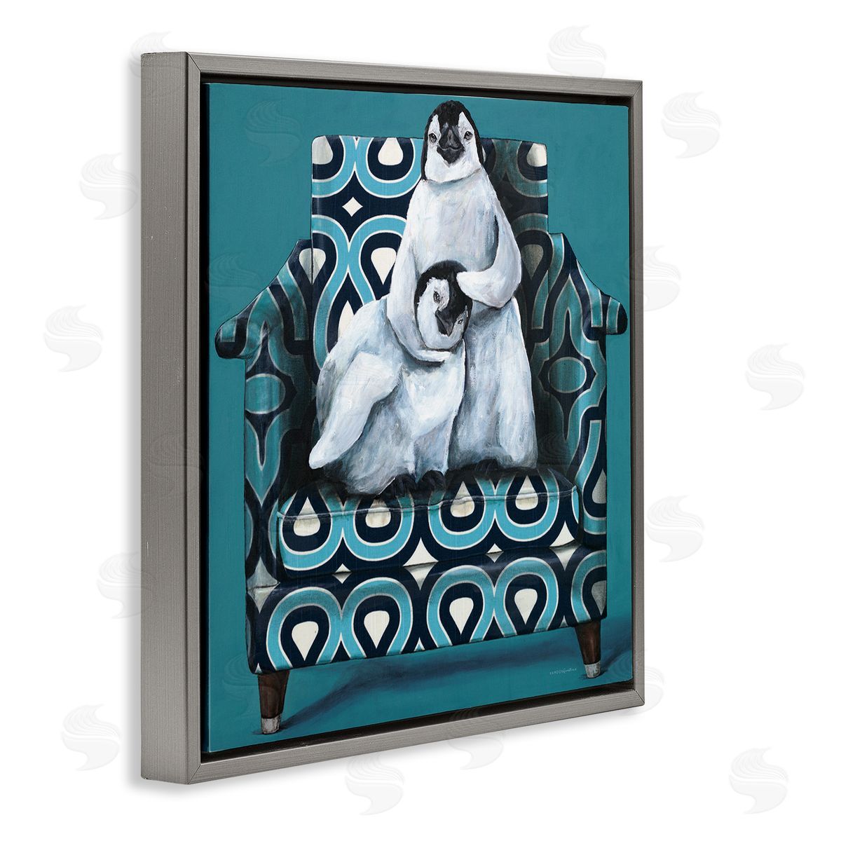 Kamdon Kreations Pair Penguins Relaxing Head Pat Patterned Sofa Chair Gray Floating Frame Canvas Wall Art Print