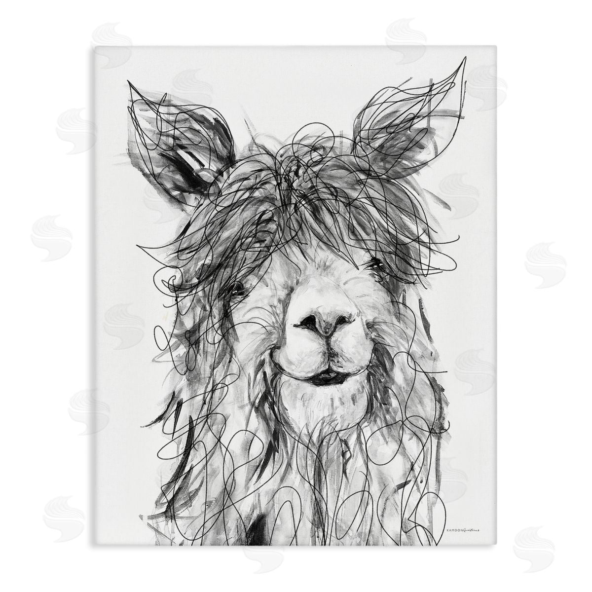 Kamdon Kreations Smiling Llama Alpaca Shaggy Hair Scribble Drawing  Stretched Canvas Wall Art Print