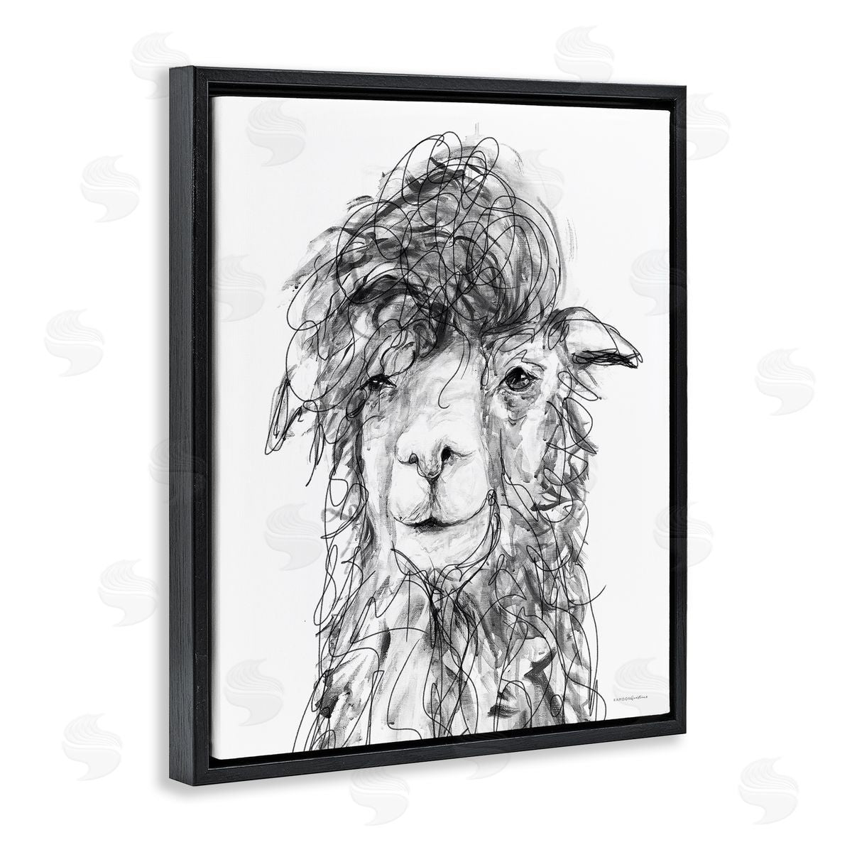 Kamdon Kreations Fluffy Hair Alpaca Llama Smiling Scribble Lines Black Floating Frame Canvas Wall Art Print