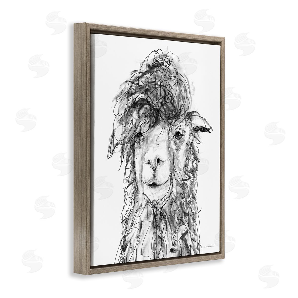 Kamdon Kreations Fluffy Hair Alpaca Llama Smiling Scribble Lines Brown Floating Frame Canvas Wall Art Print