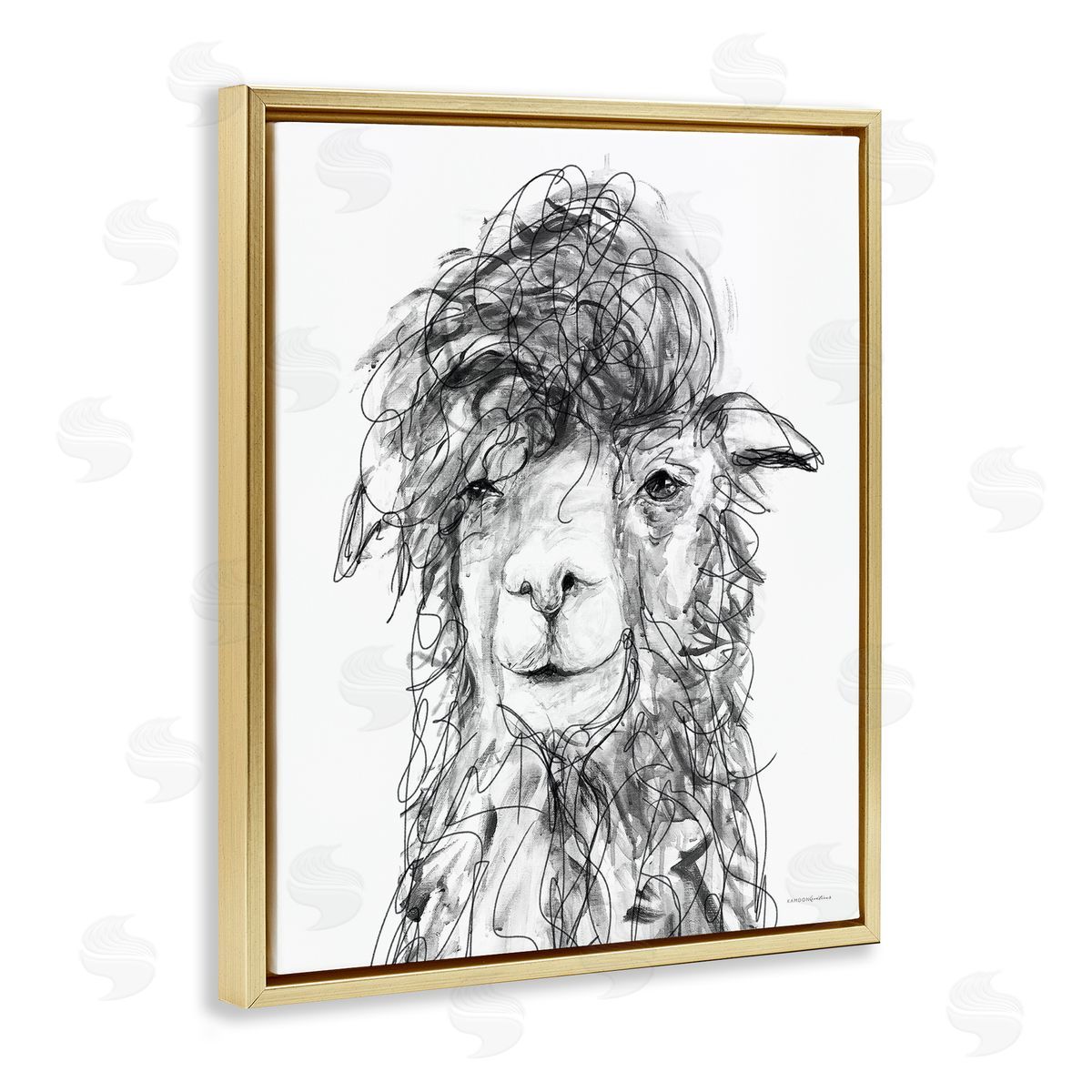 Kamdon Kreations Fluffy Hair Alpaca Llama Smiling Scribble Lines Gold Floating Frame Canvas Wall Art Print