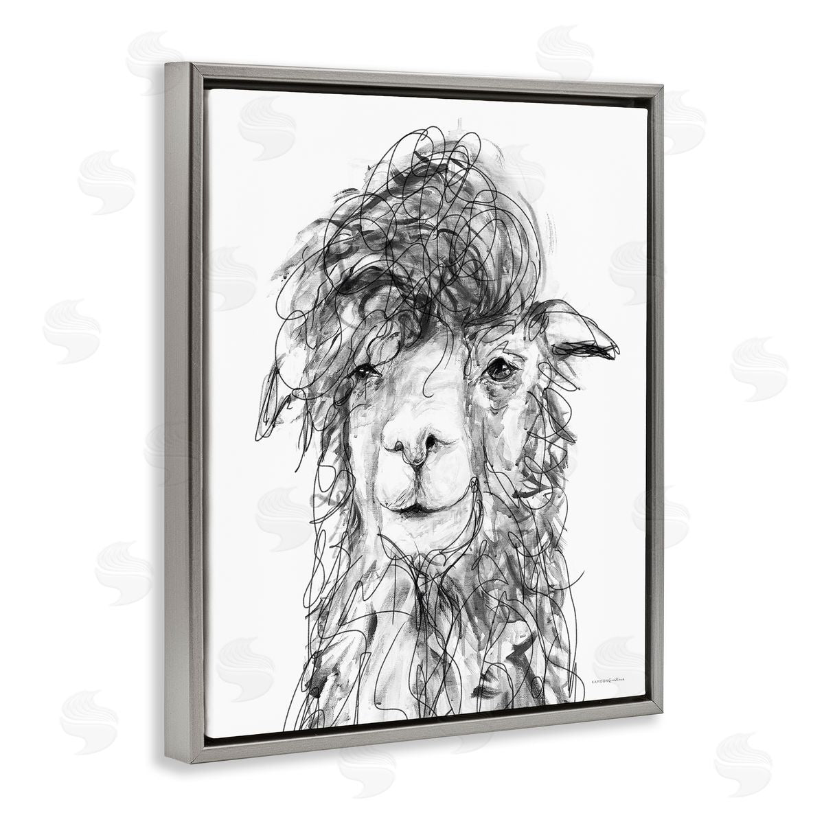 Kamdon Kreations Fluffy Hair Alpaca Llama Smiling Scribble Lines Gray Floating Frame Canvas Wall Art Print