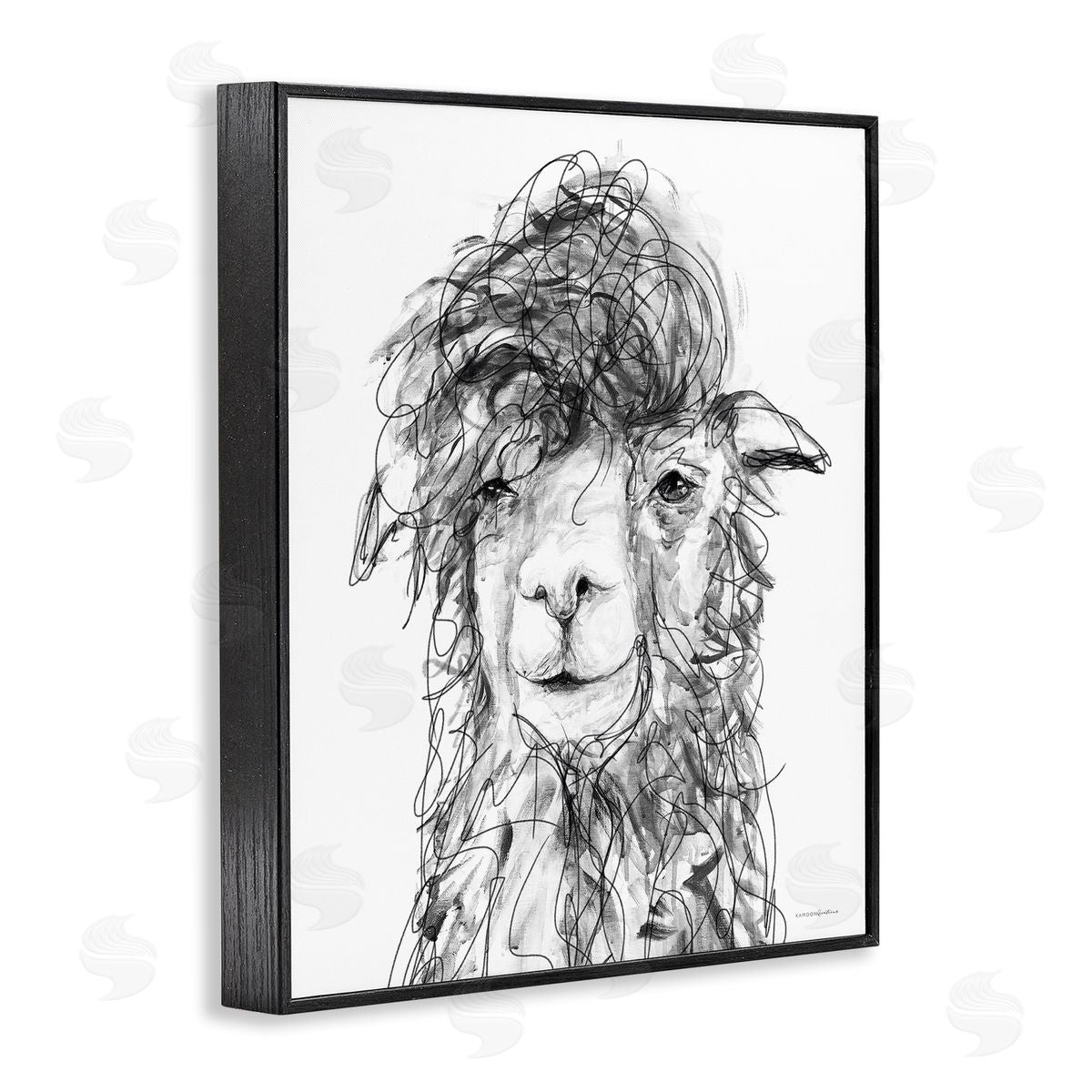 Kamdon Kreations Fluffy Hair Alpaca Llama Smiling Scribble Lines Black Framed Giclee Wall Art Print