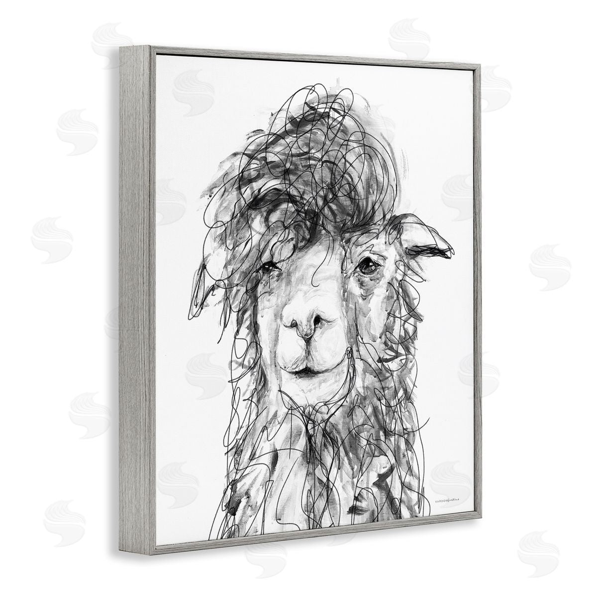 Kamdon Kreations Fluffy Hair Alpaca Llama Smiling Scribble Lines Gray Framed Giclee Wall Art Print