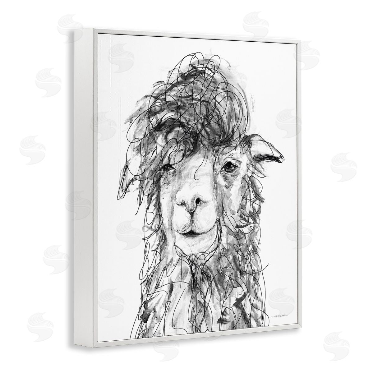 Kamdon Kreations Fluffy Hair Alpaca Llama Smiling Scribble Lines White Framed Giclee Wall Art Print