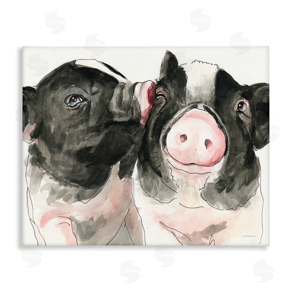 Kamdon Kreations Two Pigs Pink Snout Kiss Adorable Farm Animals Stretched Canvas Wall Art Print