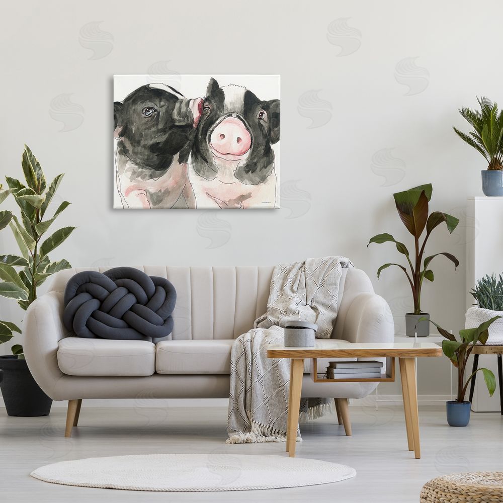 Kamdon Kreations Two Pigs Pink Snout Kiss Adorable Farm Animals Canvas Wall Art Print in Room