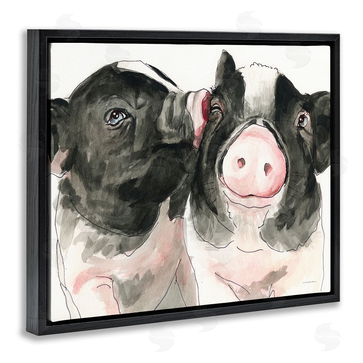 Kamdon Kreations Two Pigs Pink Snout Kiss Adorable Farm Animals Black Floating Frame Canvas Wall Art Print