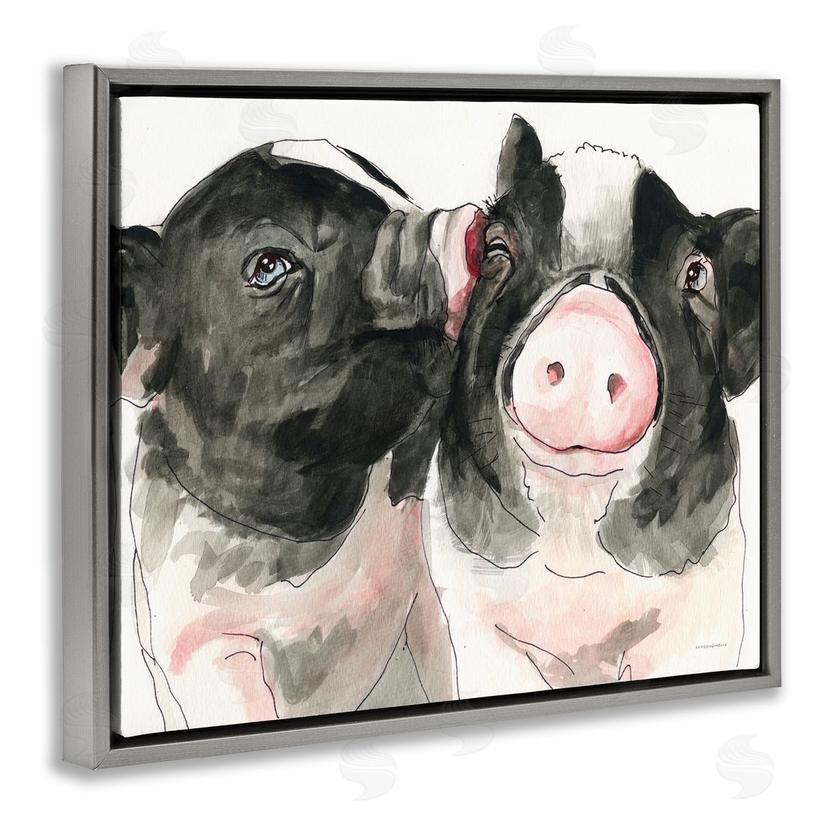 Kamdon Kreations Two Pigs Pink Snout Kiss Adorable Farm Animals Gray Floating Frame Canvas Wall Art Print