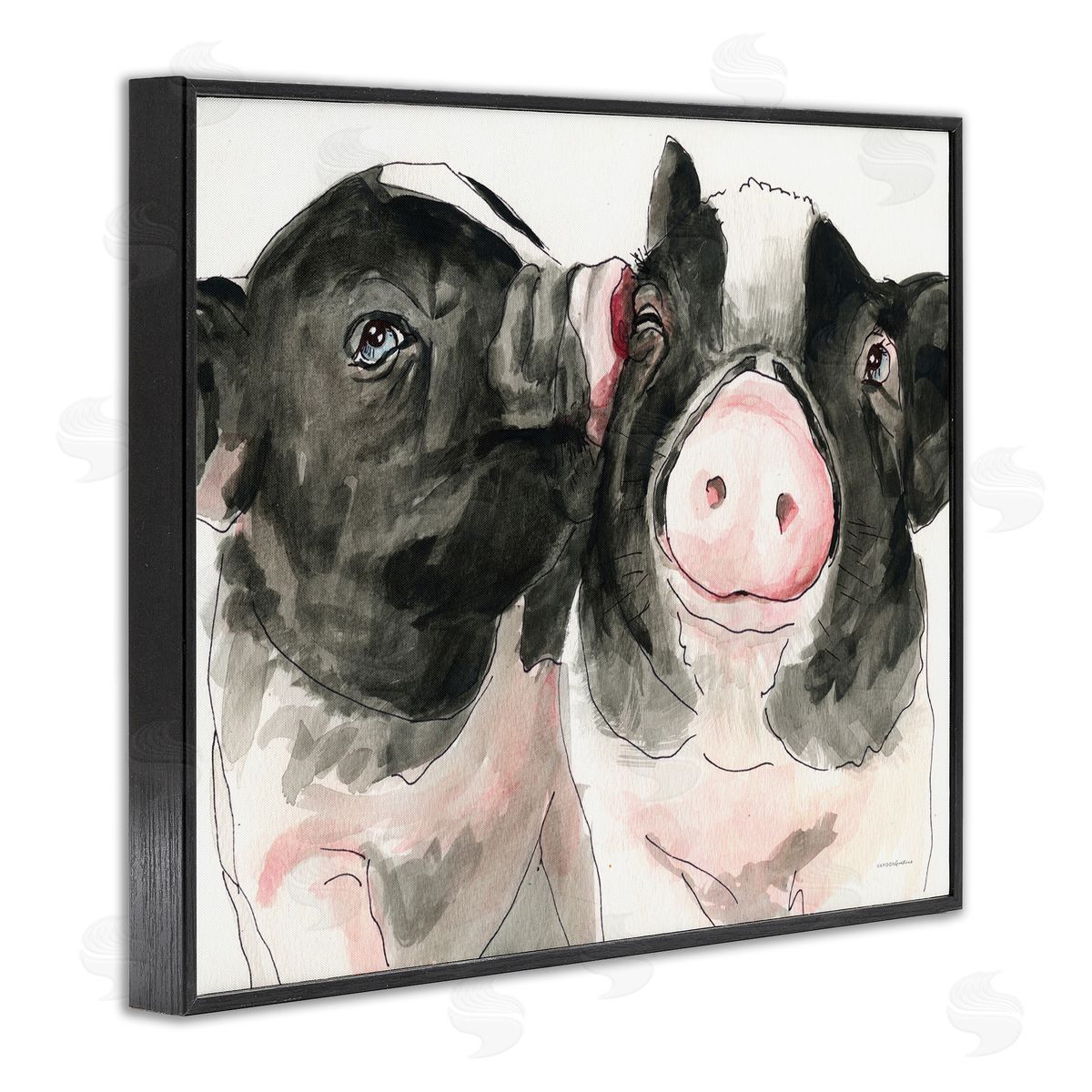 Kamdon Kreations Two Pigs Pink Snout Kiss Adorable Farm Animals Black Framed Giclee Wall Art Print