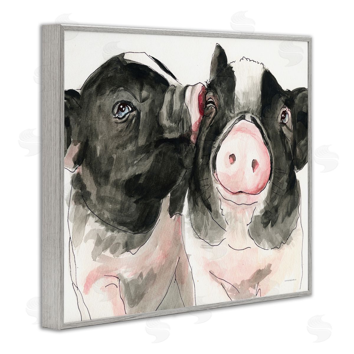 Kamdon Kreations Two Pigs Pink Snout Kiss Adorable Farm Animals Gray Framed Giclee Wall Art Print