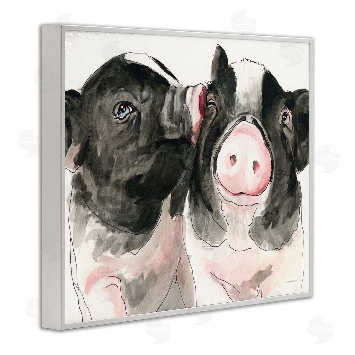 Kamdon Kreations Two Pigs Pink Snout Kiss Adorable Farm Animals White Framed Giclee Wall Art Print