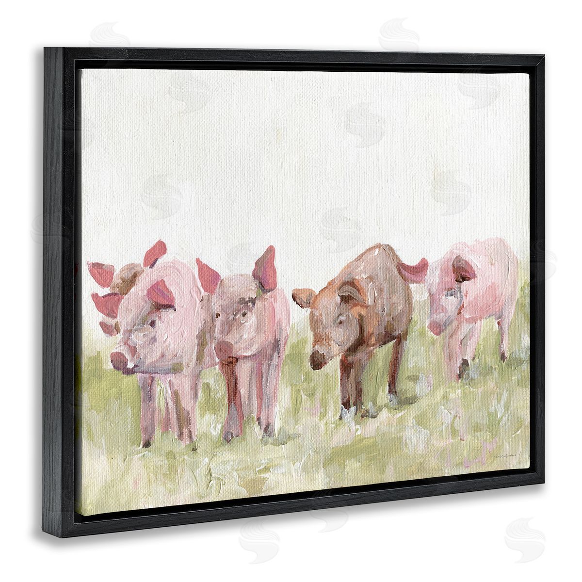 Kamdon Kreations Pink Baby Pigs Grazing Farm Grassland Pasture  Black Floating Frame Canvas Wall Art Print