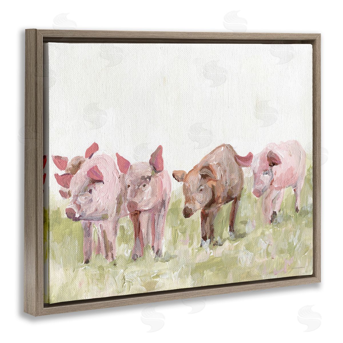 Kamdon Kreations Pink Baby Pigs Grazing Farm Grassland Pasture  Brown Floating Frame Canvas Wall Art Print