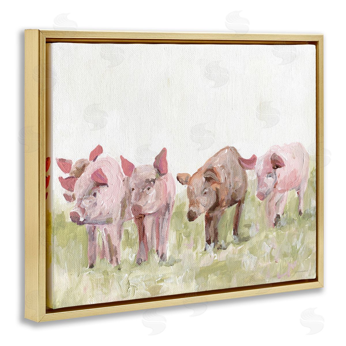 Kamdon Kreations Pink Baby Pigs Grazing Farm Grassland Pasture  Gold Floating Frame Canvas Wall Art Print