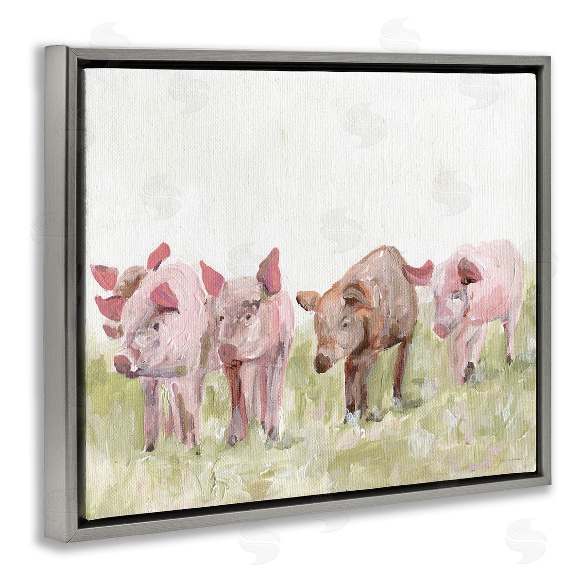 Kamdon Kreations Pink Baby Pigs Grazing Farm Grassland Pasture  Gray Floating Frame Canvas Wall Art Print
