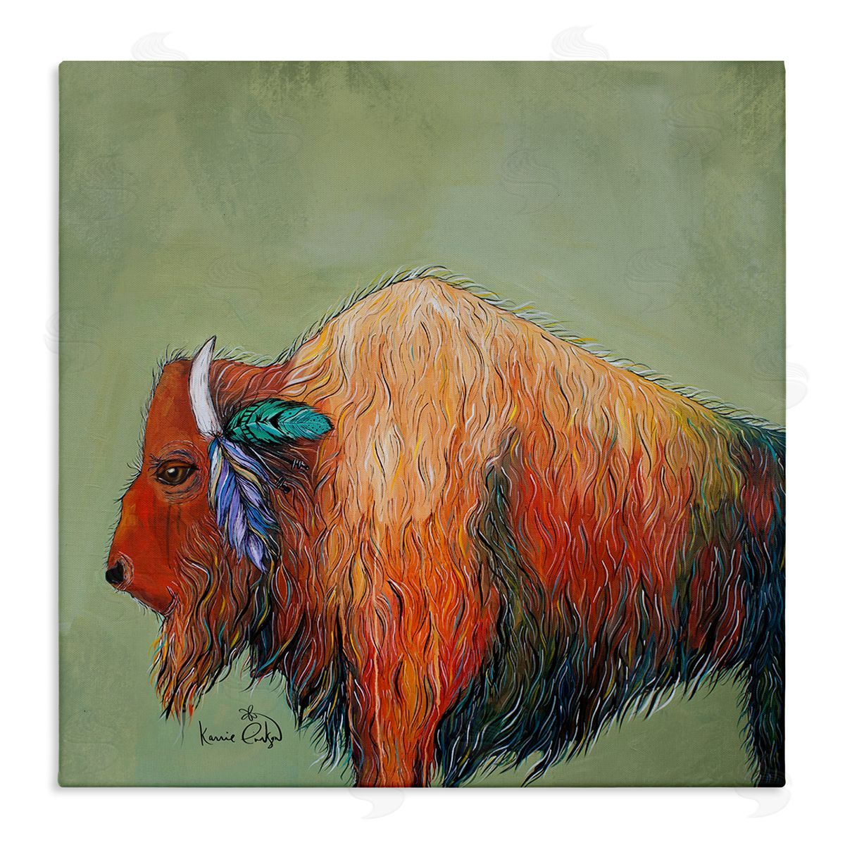 Karrie Evenson Vivid Bison Hanging Feathers Horn Abstract Hair  Stretched Canvas Wall Art Print