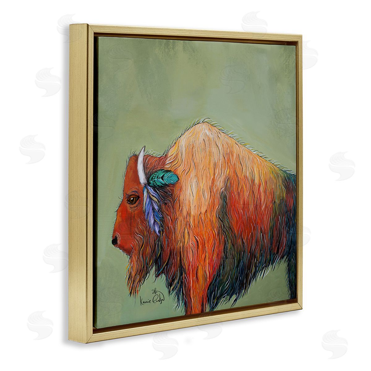 Karrie Evenson Vivid Bison Hanging Feathers Horn Abstract Hair  Gold Floating Frame Canvas Wall Art Print