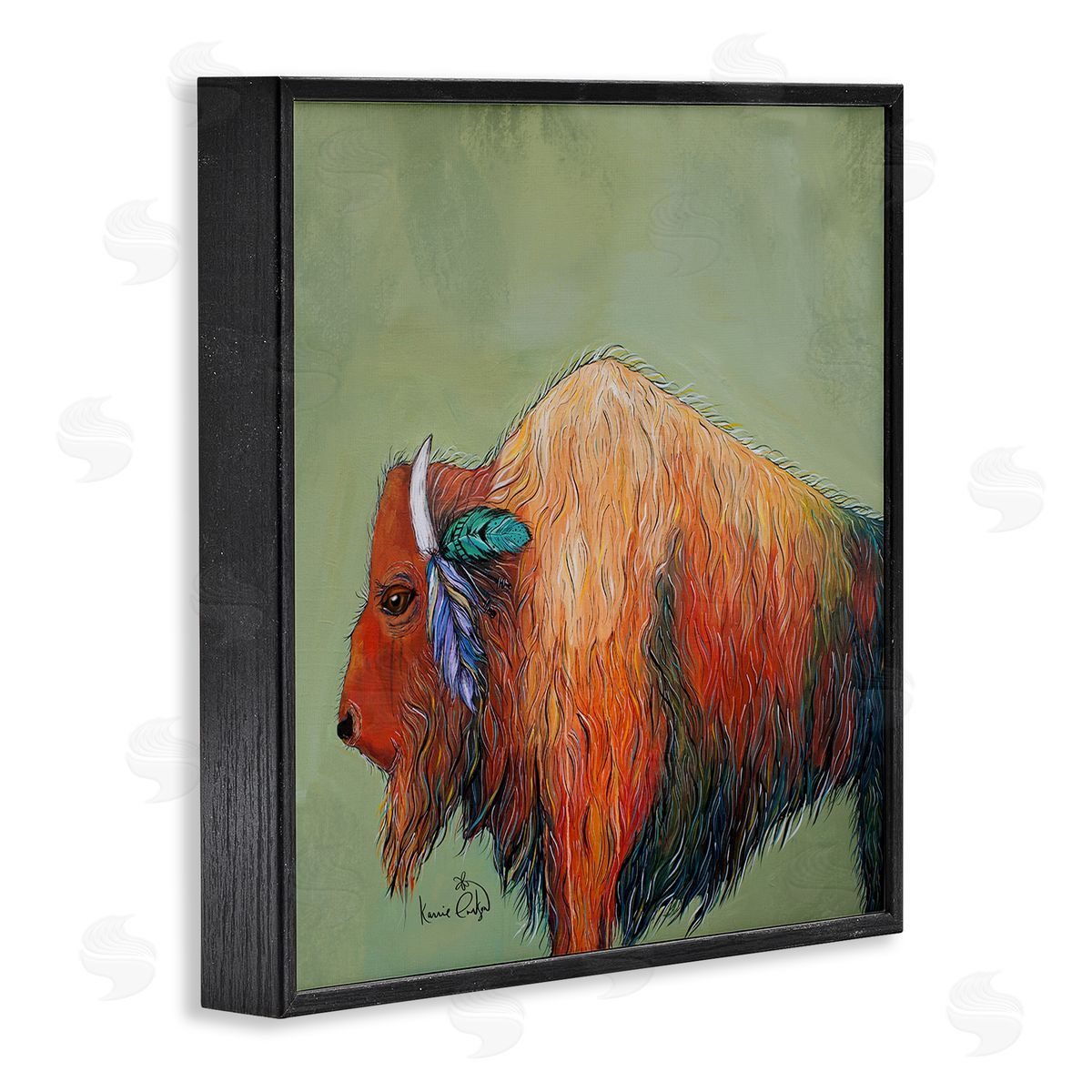 Karrie Evenson Vivid Bison Hanging Feathers Horn Abstract Hair  Black Framed Glicee Wall Art Print