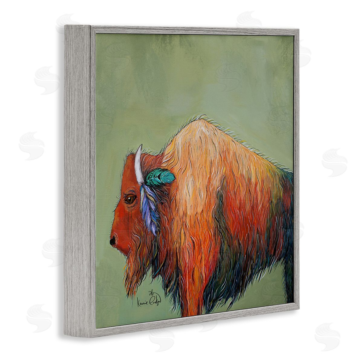 Karrie Evenson Vivid Bison Hanging Feathers Horn Abstract Hair  Gray Framed Glicee Wall Art Print