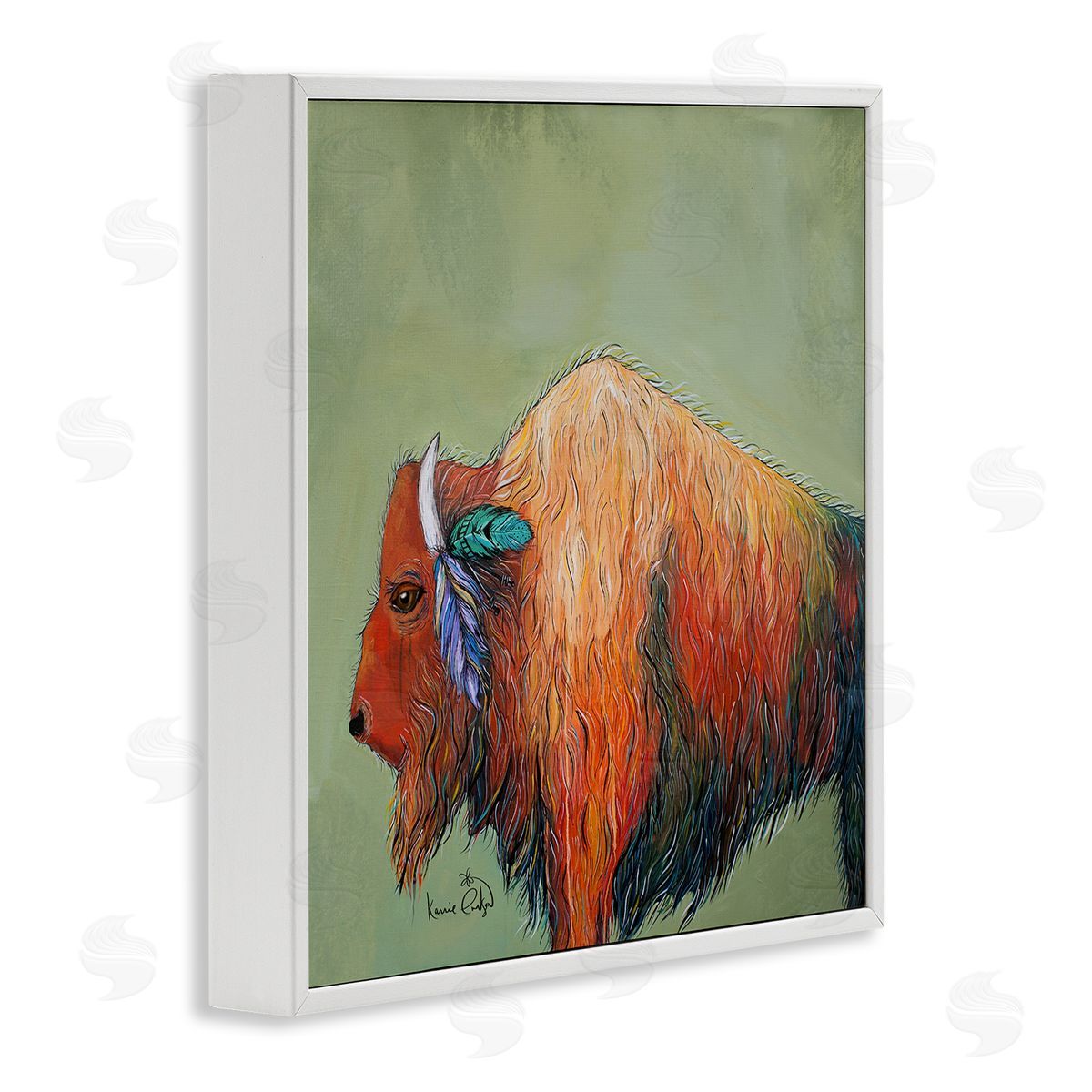 Karrie Evenson Vivid Bison Hanging Feathers Horn Abstract Hair  White Framed Glicee Wall Art Print
