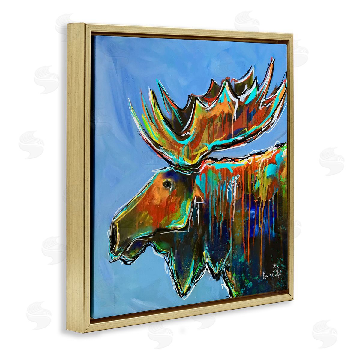 Karrie Evenson Contemporary Street Style Paint Drip Bold Moose Antlers Gold Floating Frame Canvas Wall Art Print